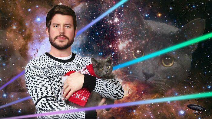 About 7 Months Ago, A Tiny Kitten Showed Up In The Parking Lot At My Office. He Turned Out To Be The Chillest Kitty Ever. Happy Holidays From Me And Little Marshall Meowthers!