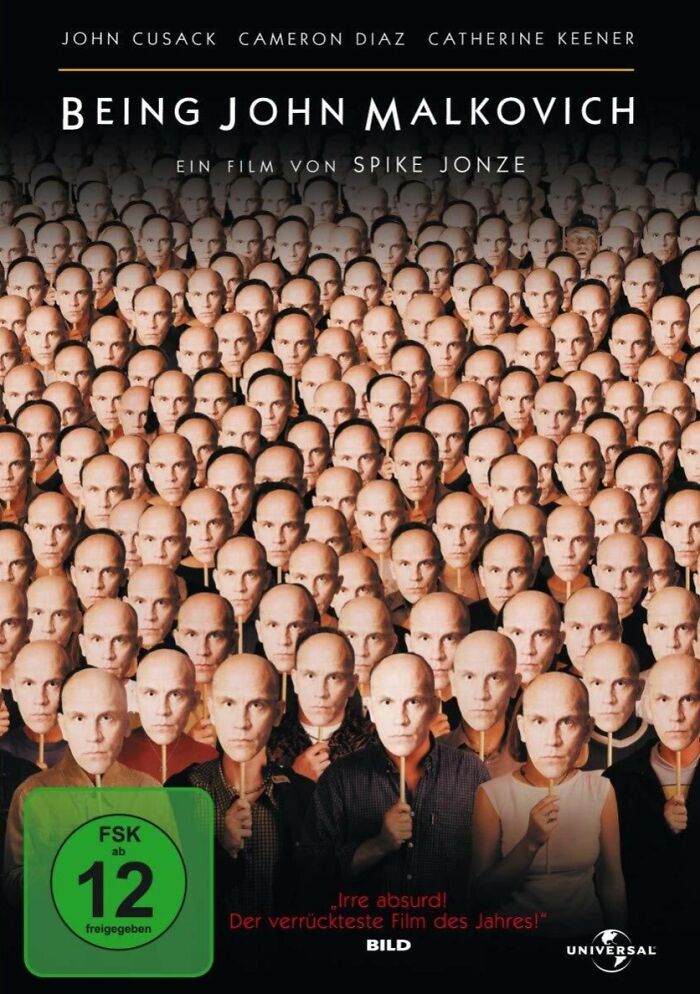 Poster of Being John Malkovich featuring multiple identical faces, highlighting Easter eggs and hidden details from popular films.