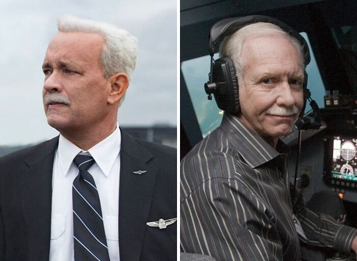 Side-by-side comparison of a well-known historical figure portrayed in a movie and the real person in pilot attire.