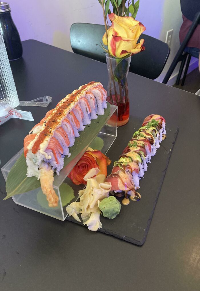 Went On A Date And We Ordered Two Rolls. This Is How They Brought It Out. (Both The Clear Stand And The Bottle Are “Glued” Down With Wasabi)