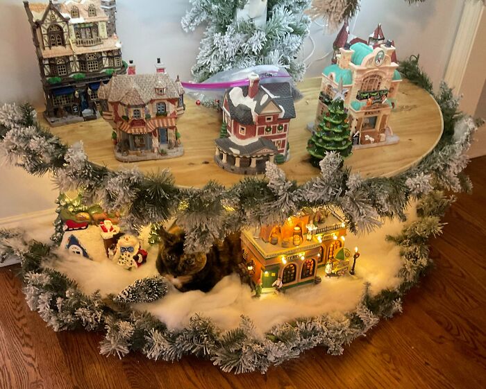 Ole “Catzilla” Here, Making A Bed In The Christmas Village