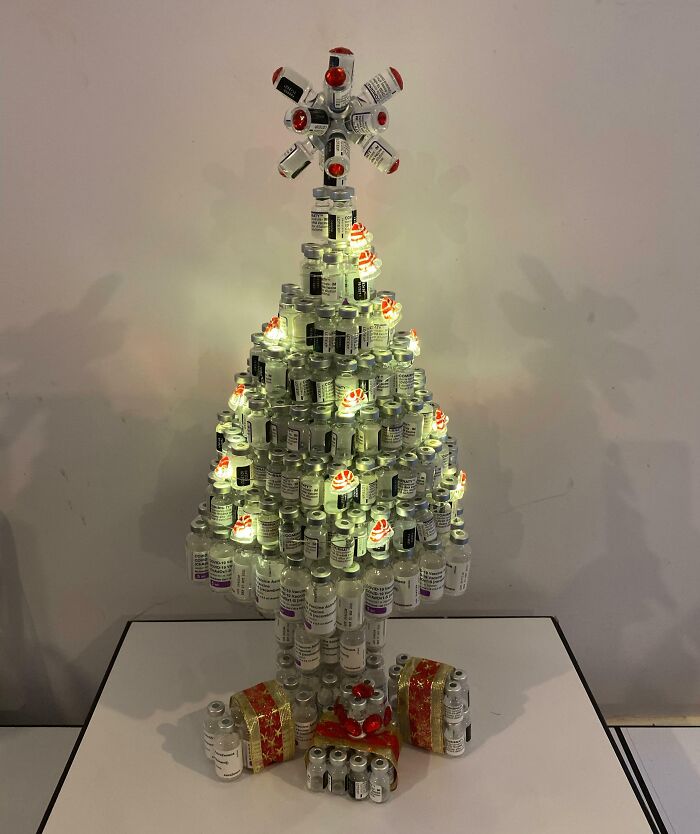 My Mum Made A Christmas Tree From Covid Vaccine Bottles