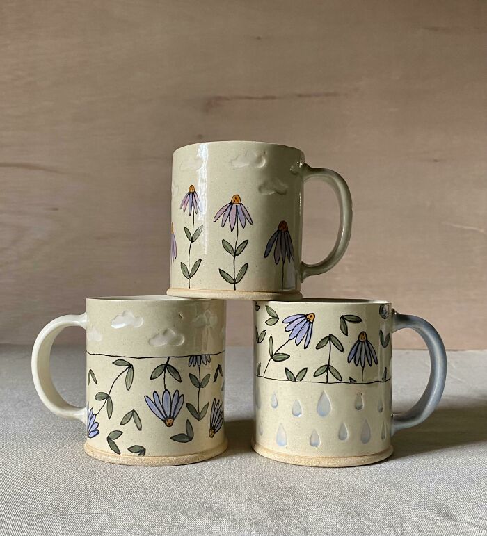 Coneflowers Three Ways On Slab-Built Mugs