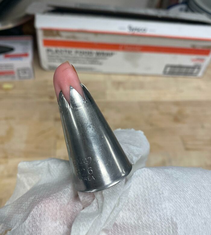 Was Washing A (Very Sharp) Greasy Piping Tip At Work. Slipped Right Onto My Finger Before I Could Stop It