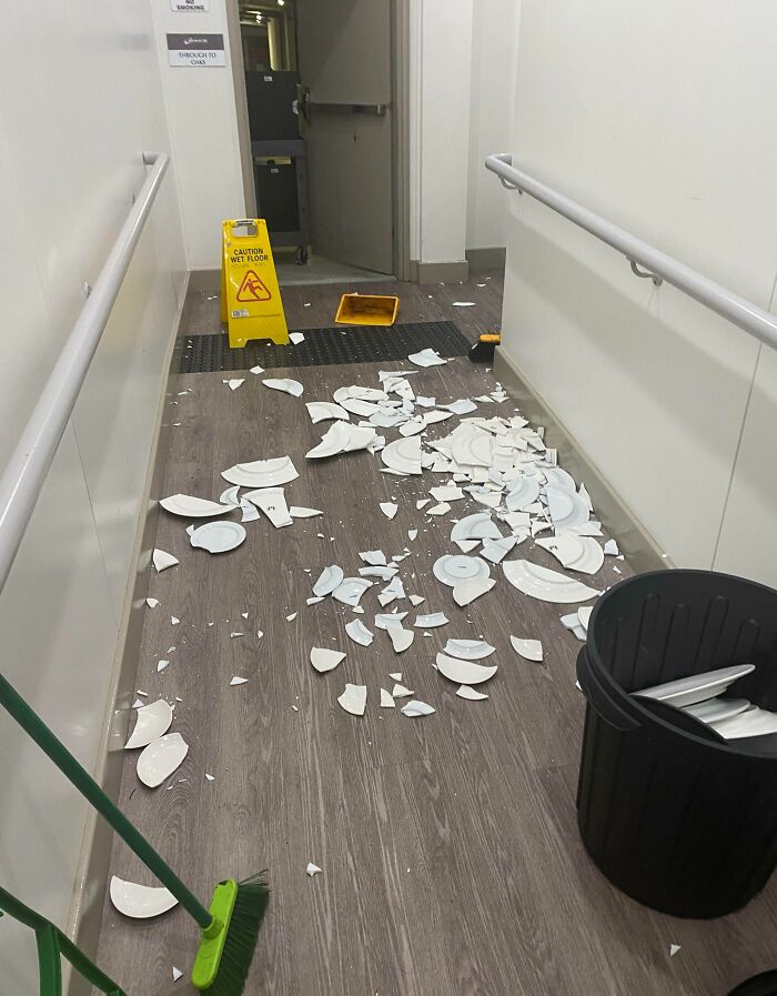 Today At Work, A Coworker Crashed A Trolley Full Of Plates Needed For A Function