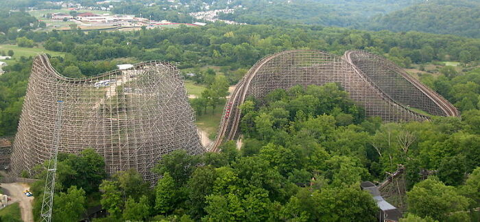 Son of Beast roller coaster at Kings Island. Taken from the park's observation tower
