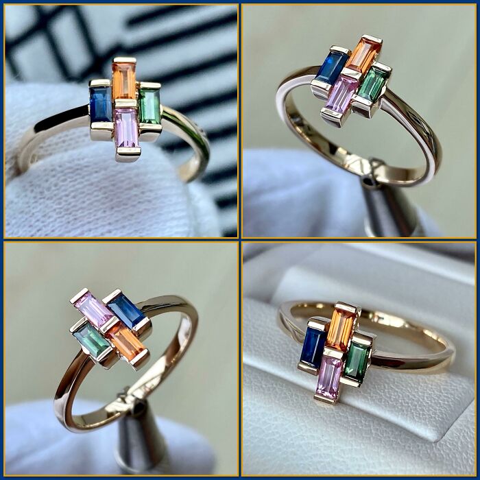 Anillo de oro de 14K (3.03 gramos) con 4 zafiros naturales (2 X 4 mm)