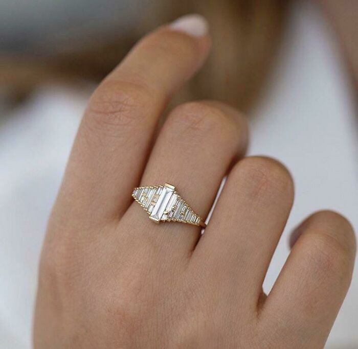 Baguette Diamond Ring With Gradient Diamonds And Gold Detailing By Artemer