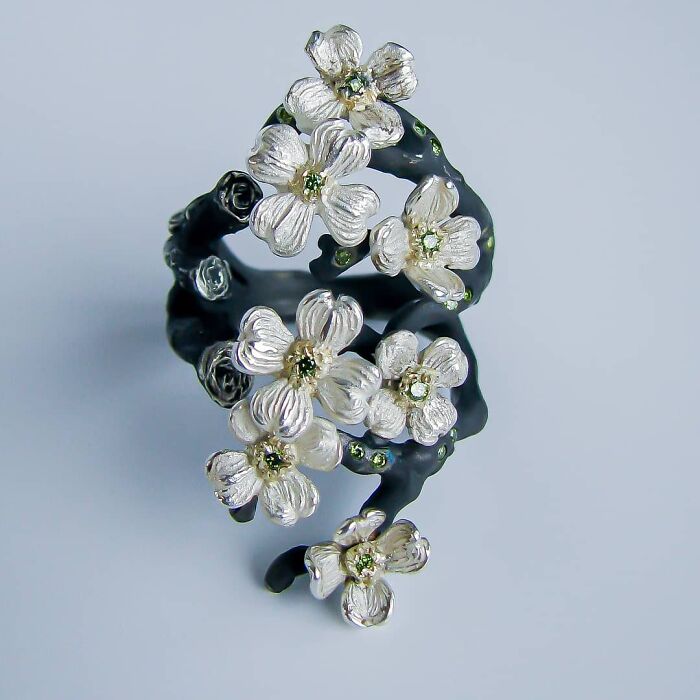 Finished Dogwood Ring In Sterling, 14k Green Gold, And Green Diamonds. Sculpted By Me