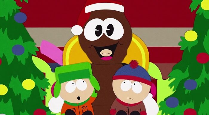 Kyle and Stan on the lap of a Mr. hankey
