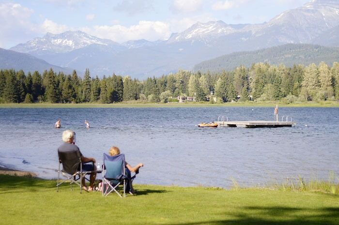Couple sitting by a lake, enjoying nature on New Year's Eve, with mountains in the background.