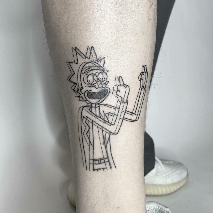 Line art tattoo of a cartoon character on a leg, showcasing psychedelic art style.