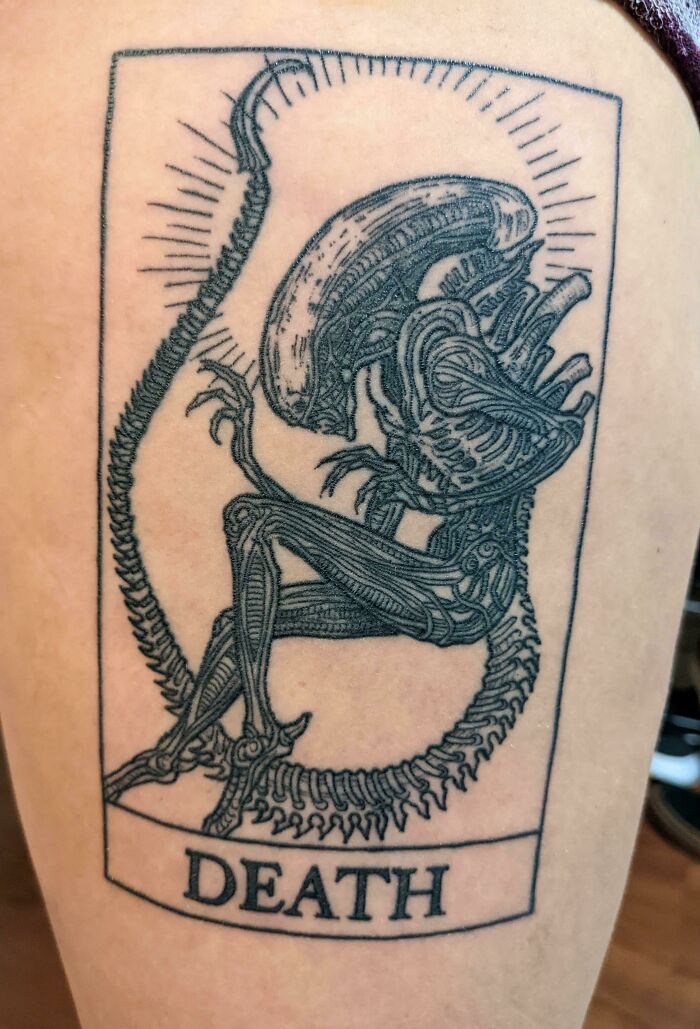 Trippy Xenomorph tarot card leg tattoo design labeled "Death."