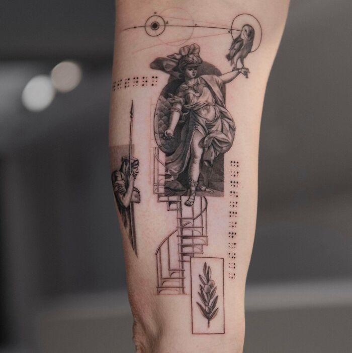 Geometric ancient microrealism arm tattoo with trippy design elements.