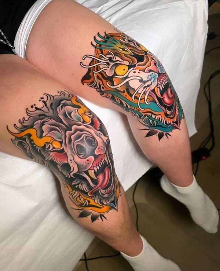 Trippy knee tattoos of tiger and bear in vibrant colors.