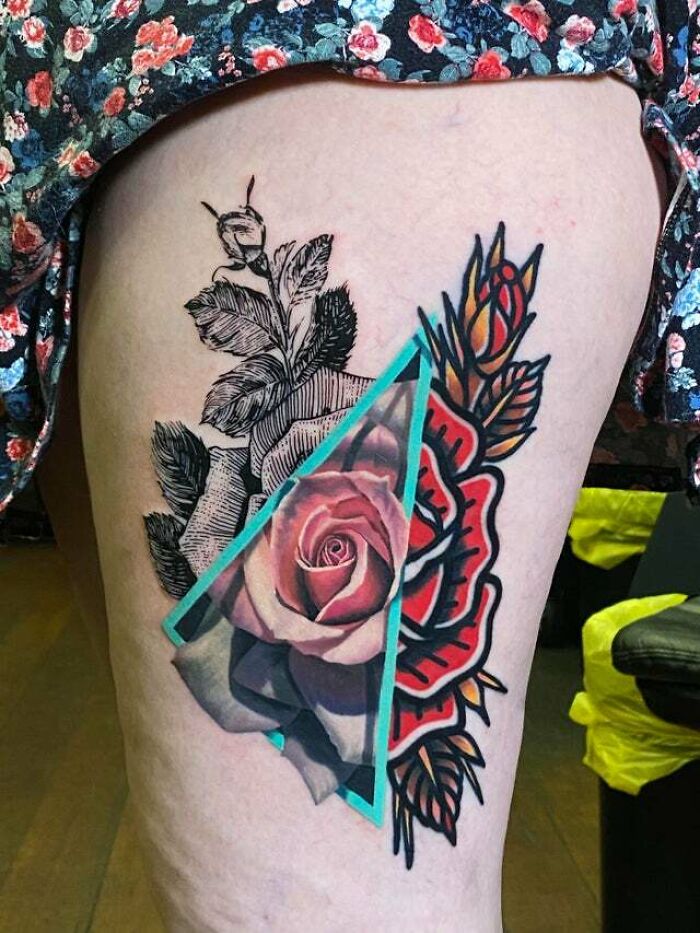 Trippy colorful flower tattoo on leg with geometric patterns and vibrant designs.