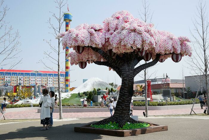 Large LEGO build of a blooming cherry tree in a park, showcasing intricate details of this incredible LEGO art installation.