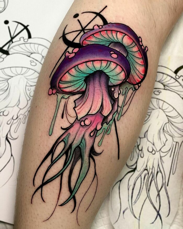 Trippy colorful mushrooms leg tattoo design, featuring vibrant psychedelic artwork.