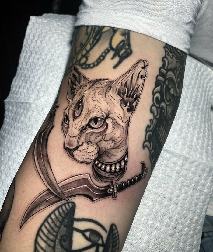 Trippy tattoo of a three-eyed Egyptian cat with a sword arm on forearm.