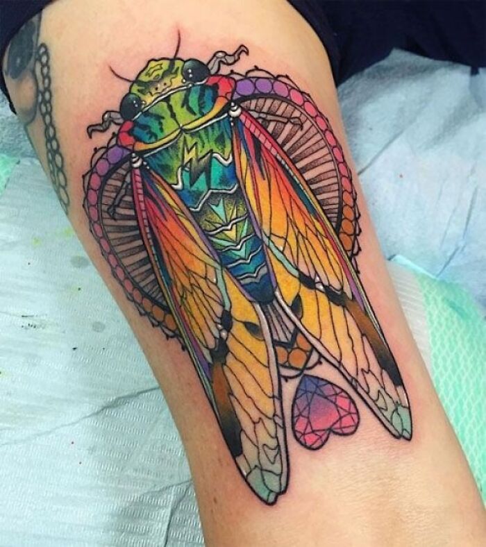 Psychedelic tattoo design featuring a colorful cicada with vibrant patterns on the skin.