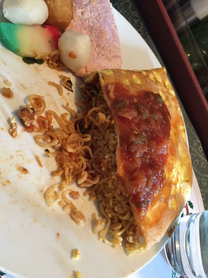 On Christmas Day I Always Make My Brother-In-Law A Ramen Omelette. This Yeah The Assorted "Meats" Didn't Fit And Had To Be Served On The Side