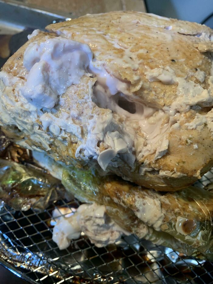 Tried To Make A Jennie O Turkey Breast. I Didn’t Know Turkey Could Come Out As Goo. 🤔 Replaced It With Chicken Tenders For Xmas Dinner