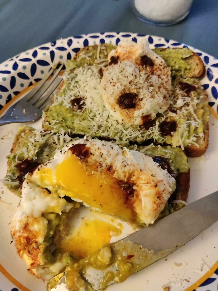 Xmas Breakfast. Avocado Toast With Poached Eggs, Parmesan, And Beth's Kitchen Salsa Picante. Merry Chrysler!