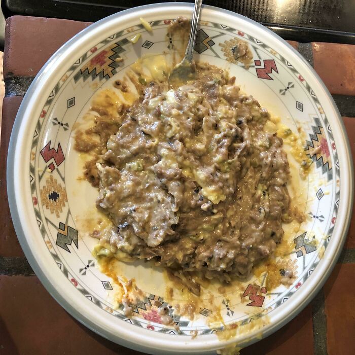 My Xmas Morn Breakfast: Reheated Frijoles Mixed With Creamy Enchilada Sauce