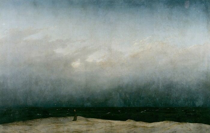Landscape painting of a solitary figure on a dune under a cloudy sky by a world-famous artist.
