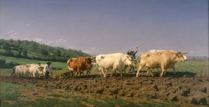 A landscape painting depicting farmers plowing a field with oxen under a clear sky, by a world-famous painter.