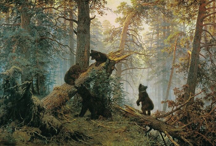 Landscape painting featuring bears in a dense forest setting by a world-famous painter.