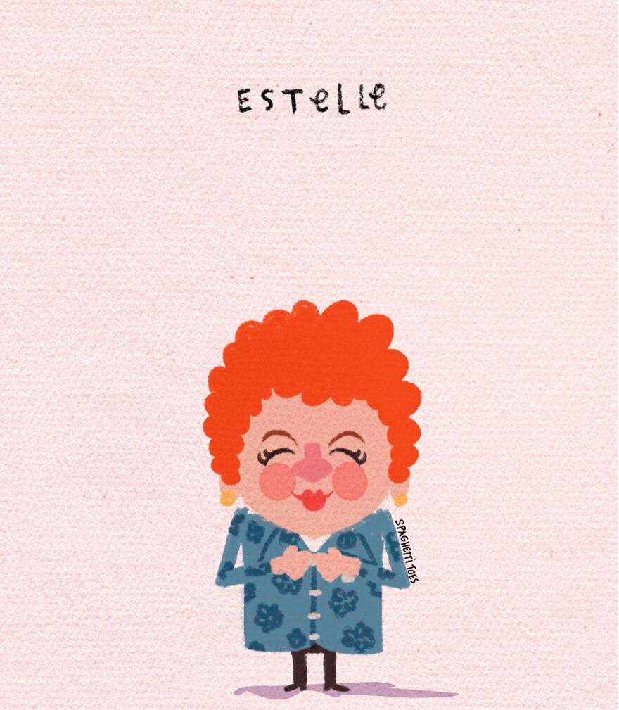 Tribute illustration of a smiling woman with red curly hair and blue floral coat in 2022 tribute illustrations.