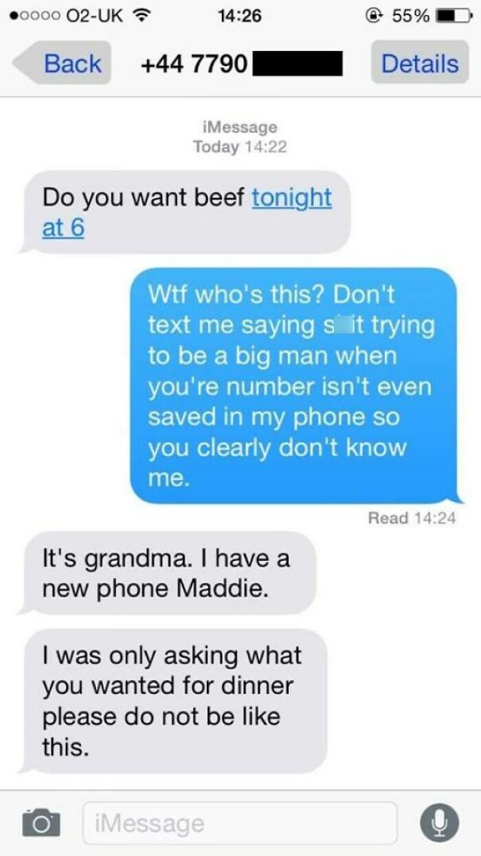 Text exchange gone wrong: recipient misinterprets a message from their grandma, creating a cringe moment.