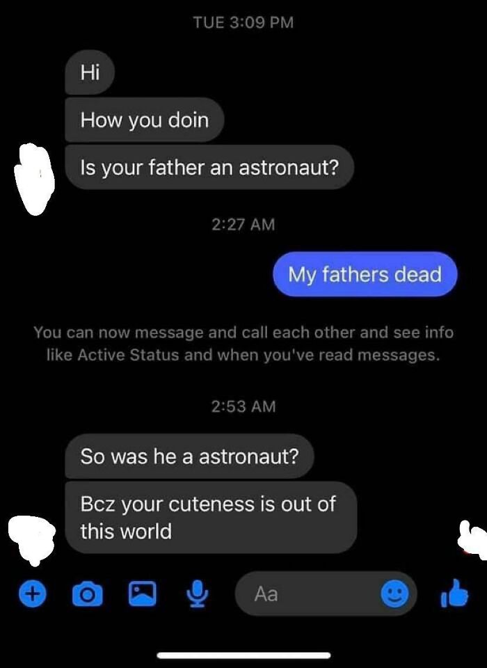 Cringe pic of awkward messaging exchange with failed pickup line about an astronaut.