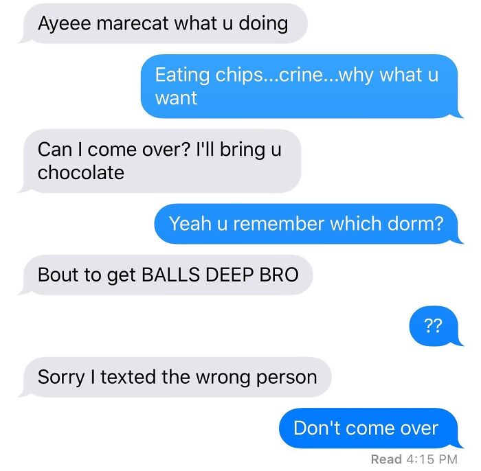Embarrassing text exchange with awkward miscommunication and an apology for texting the wrong person.
