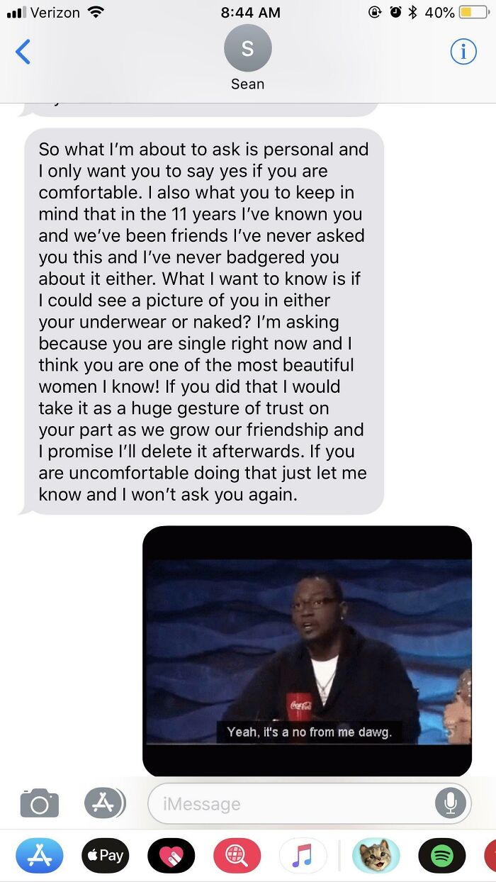 Cringe pic showing a text asking for intimate photos, with a humorous rejection meme below.