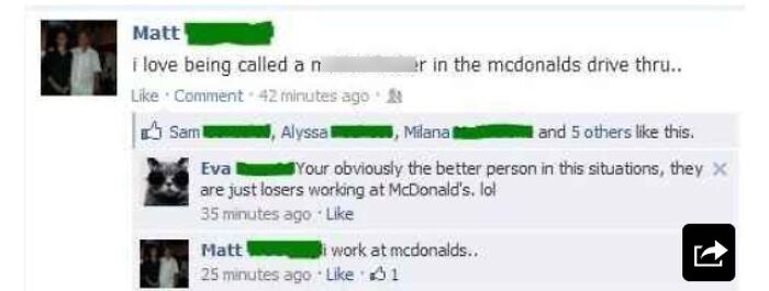 Embarrassing Facebook conversation about McDonald's drive-thru, highlighting cringe-worthy comments.