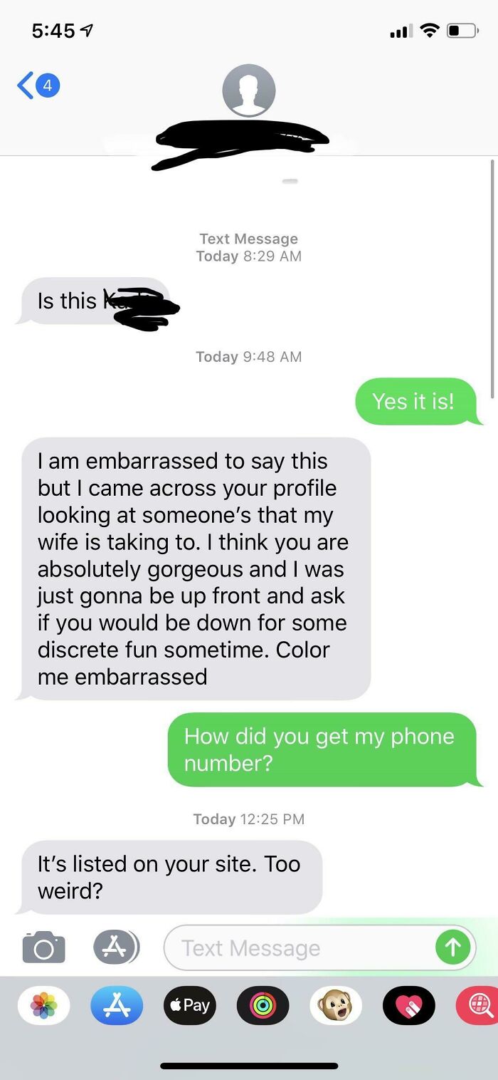 Embarrassing text message exchange showing unsolicited, awkward compliments and inquiry about a phone number.