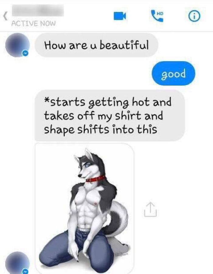 Text conversation with a humorous and cringe-worthy drawing of a muscular, humanoid dog character wearing jeans and a collar.