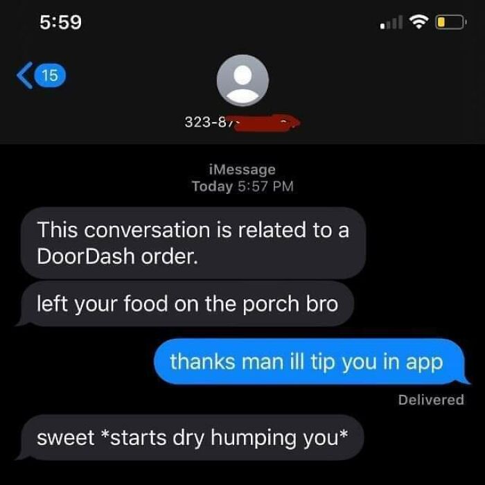Embarrassing cringe text exchange about a food delivery, ending with an awkward response.