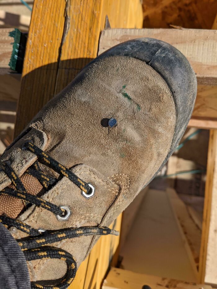 Tripped And Shot My Boot With A 3 1/2" Framing Nail. Went Between My Toes Leaving Just A Minor Scratch