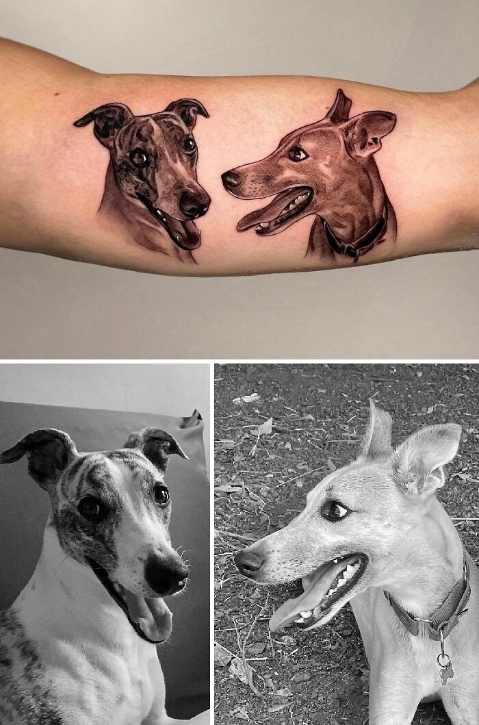 Pet tattoos of two dogs, capturing joyful expressions, showcasing their bond.