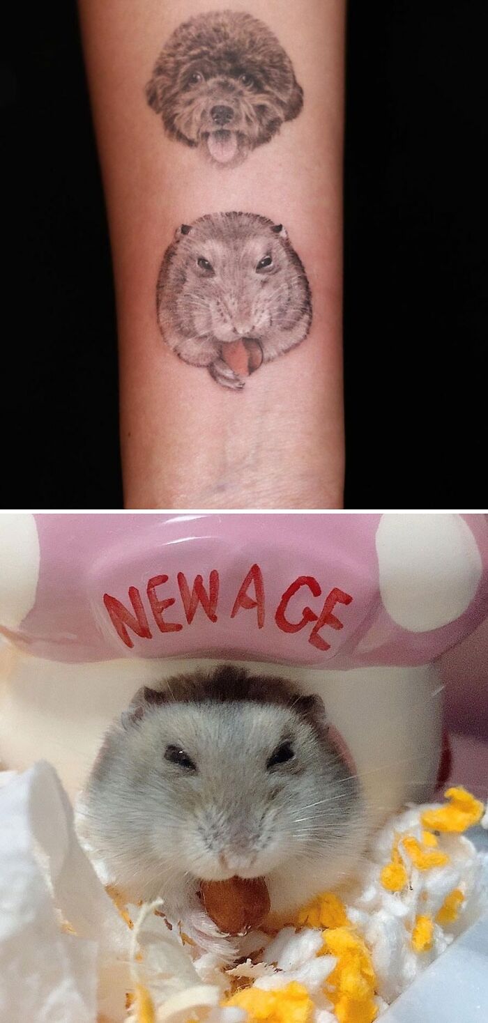 Pet tattoo on arm featuring a dog's face and a hamster's face, celebrating human-pet bond.
