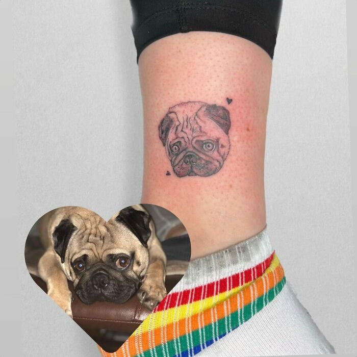 Pet tattoo of a pug on a person's leg, celebrating furry friends with a heart detail.