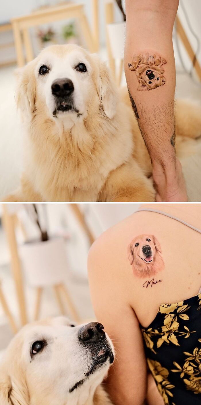 Pet tattoos showcasing a golden retriever on an arm and back, celebrating furry friends.