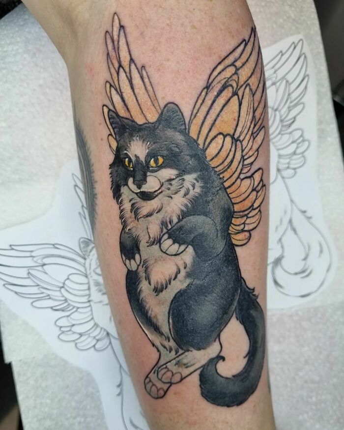 Tattoo of a winged cat, celebrating the bond between pets and humans, inked on a person's arm.