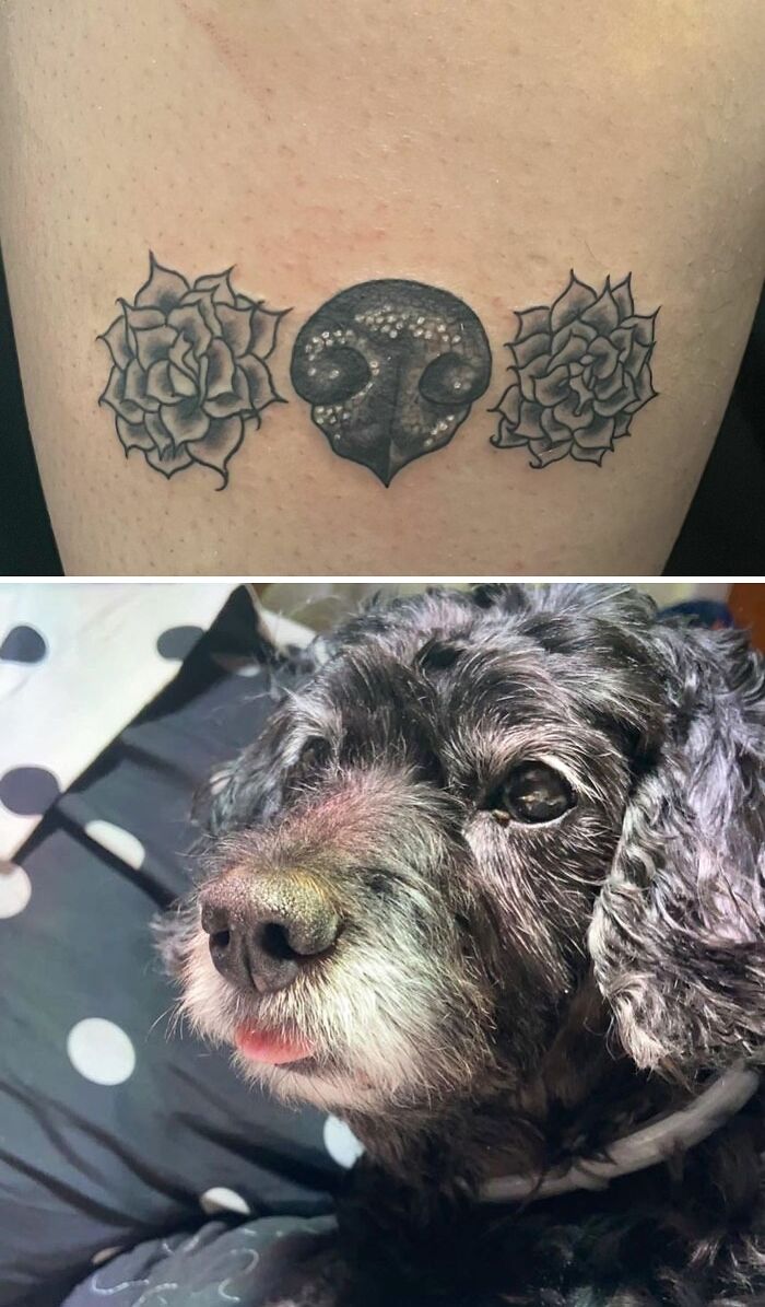 Pet tattoo features intricate paw and roses design, inspired by beloved dog, to immortalize a best chum.