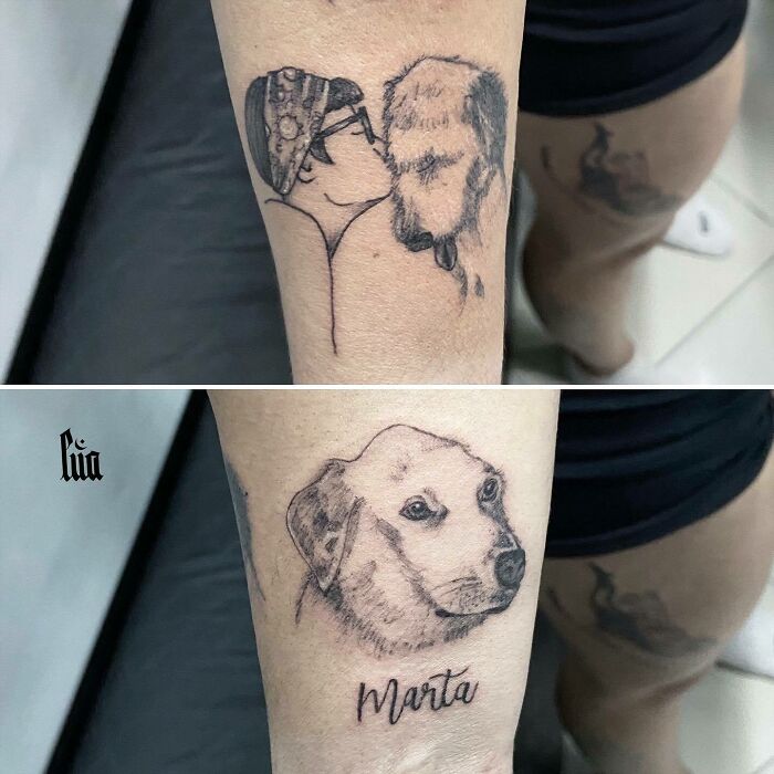 A tattoo of a woman kissing a dog and another of a dog's face with "Marta" written below, immortalizing a pet.