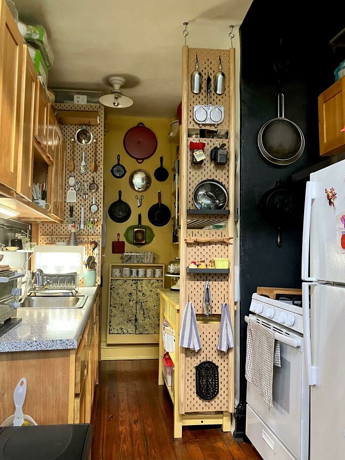 Skådis Panel Hack For A Small Kitchen W High Ceilings, It Keeps The Junk Out Of Sight And Tools In Reach