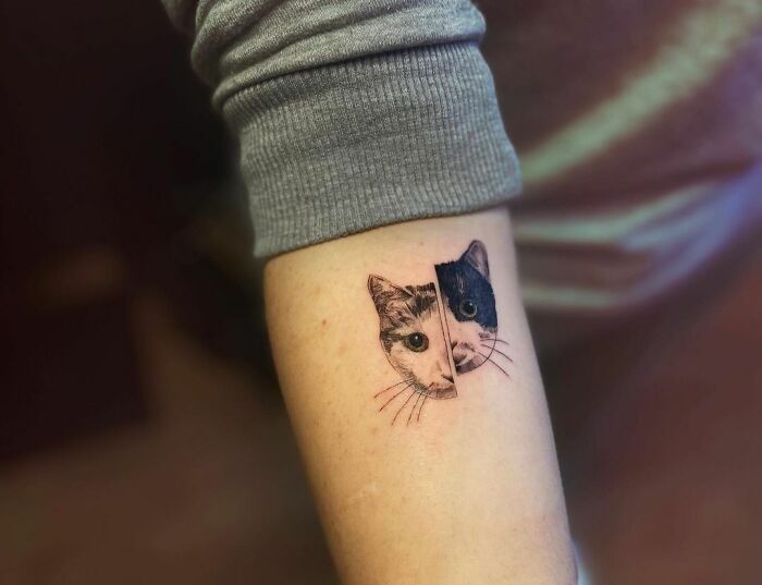 Pet tattoo of a cat's face in two artistic styles on an arm, celebrating furry friends.